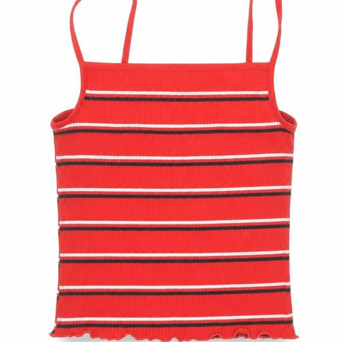 New Look Womens Red Striped Polyester Camisole Tank Size 8 Square Neck - Cropped