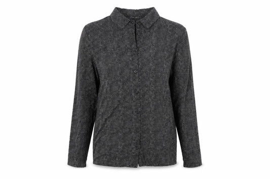 Front view of Tu women’s black polka dot viscose basic button-up, size UK 12, collared