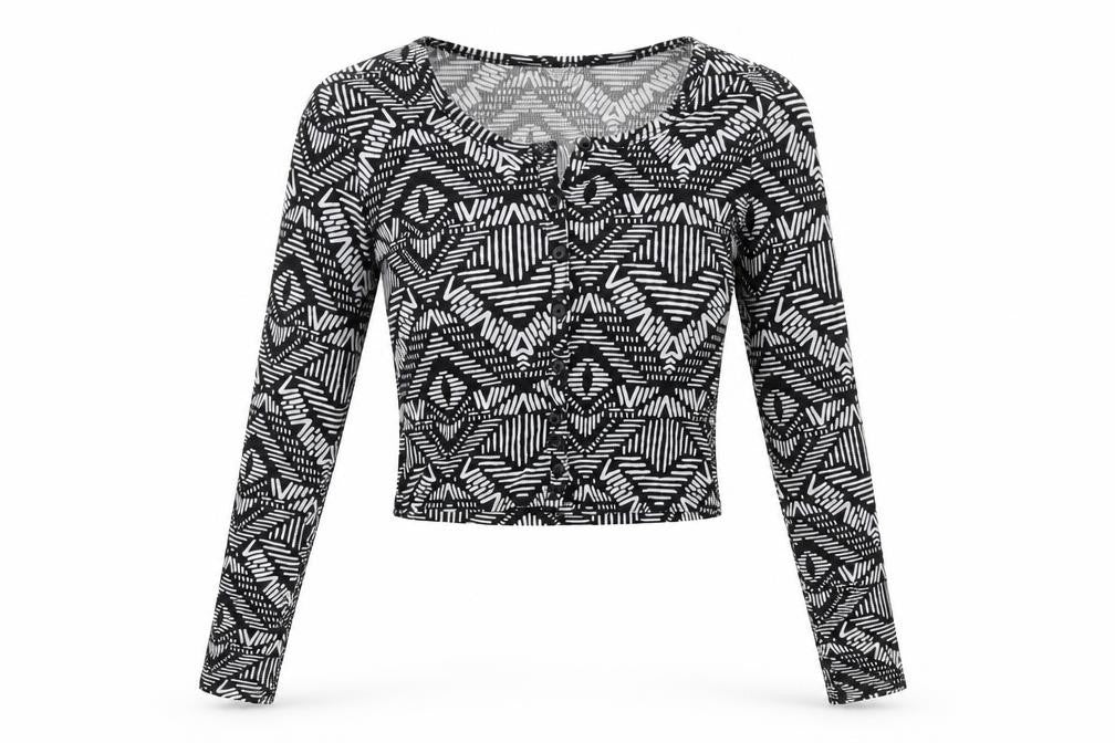 Front view of H&M women’s black geometric polyester basic t-shirt, size S, scoop neck