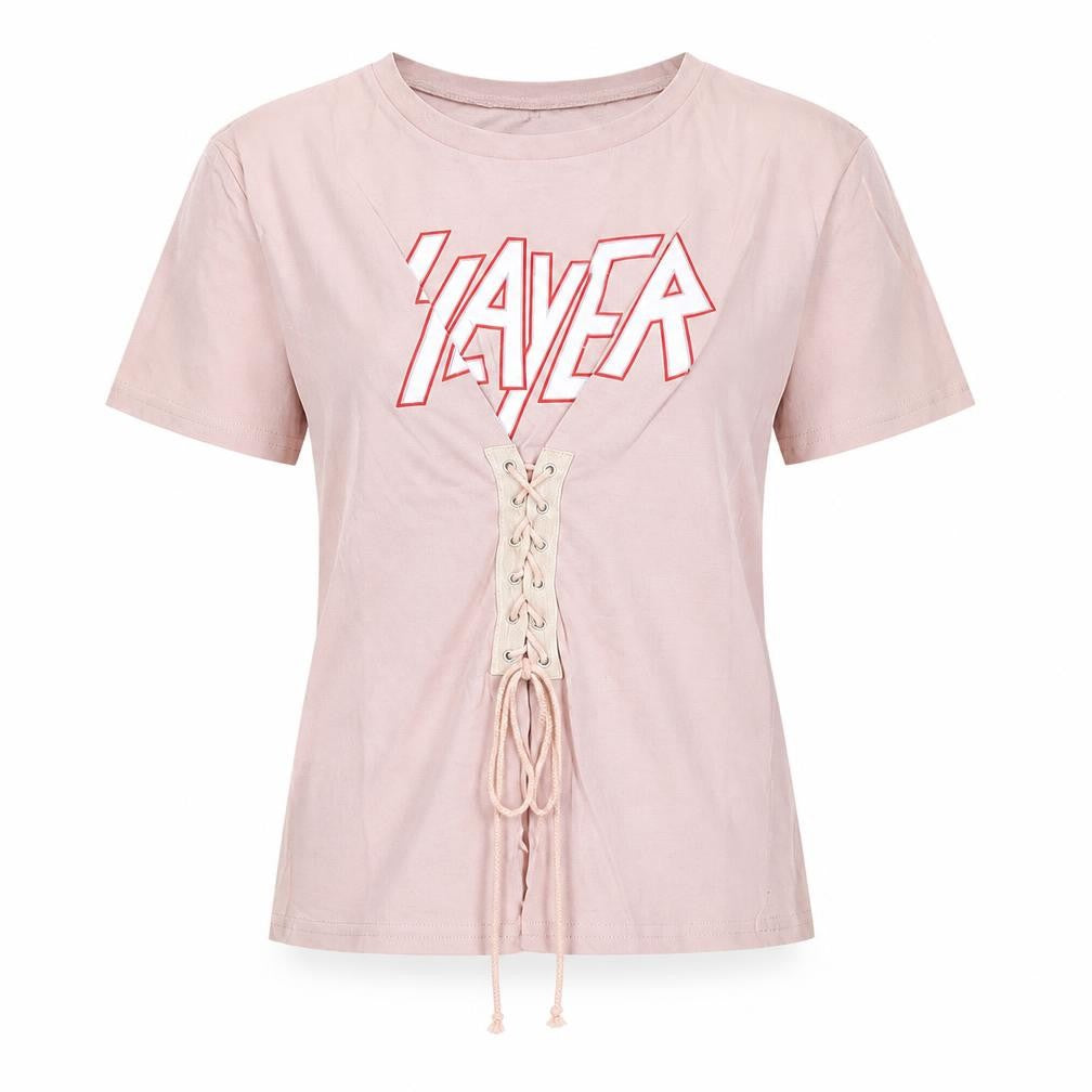 Eight Womens Pink Cotton Basic T-Shirt Size S Round Neck - Lace Up Detail