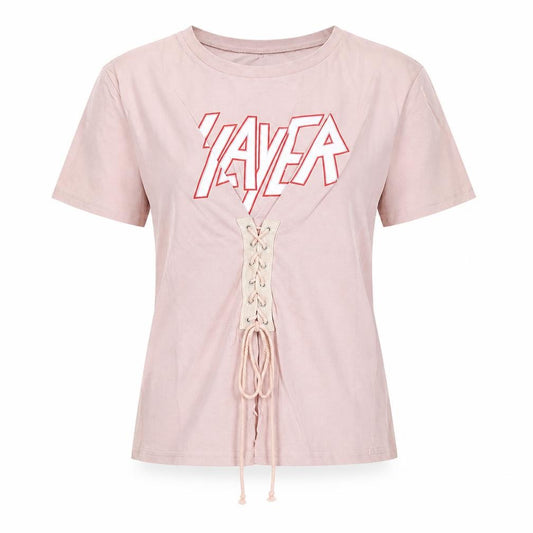 Front view of Eight women’s pink cotton basic t-shirt, size S, round neck - lace up detail