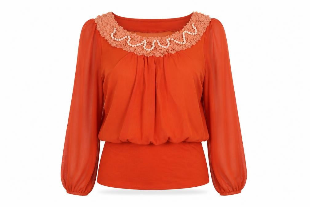 Front view of Pussycat London women’s orange polyester basic blouse, size S, round neck