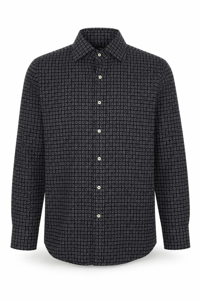 Front view of Refind men’s black geometric polyester dress shirt, size S, collared button