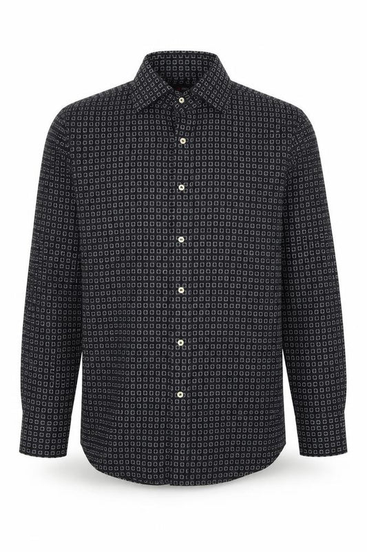 Front view of Refind men’s black geometric polyester dress shirt, size S, collared button