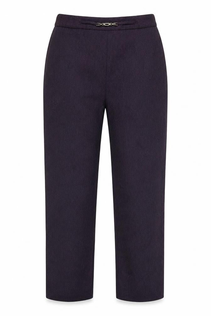 Front view of BHS women’s purple polyester trousers, size UK 10, 24-inch leg regular