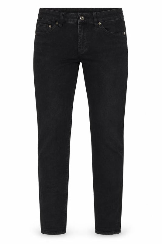 Front view of H&M women’s black cotton skinny jeans, size UK 27, in, 32-inch leg regular zip