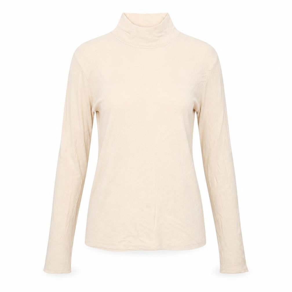 Front view of Topshop women’s beige lyocell basic t-shirt, size UK 12, high neck