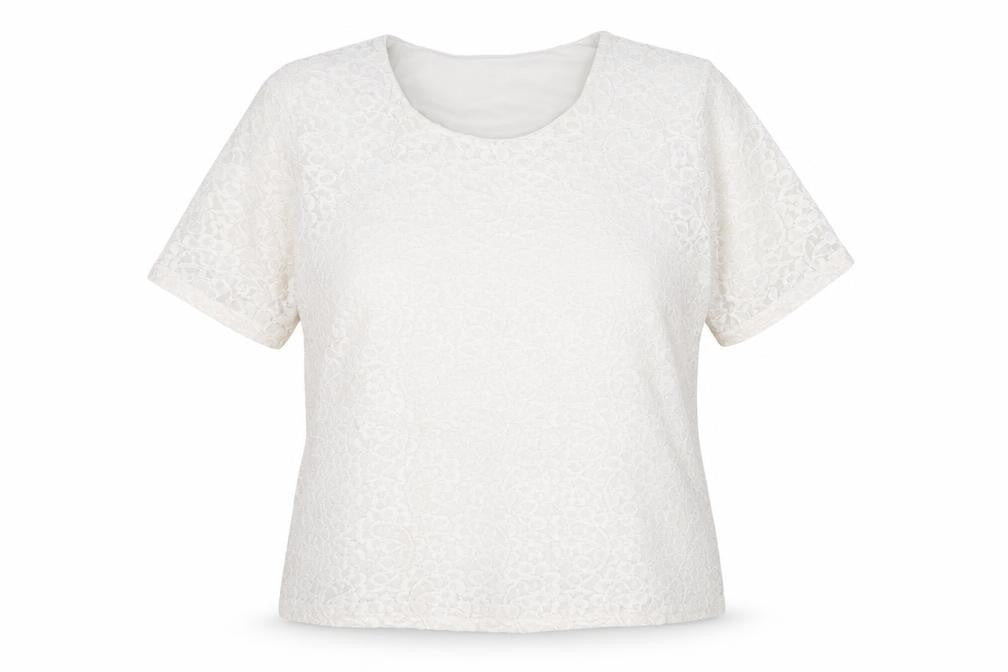 Front view of Preworn women’s white floral polyamide basic t-shirt, size UK 16, round neck