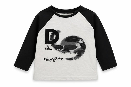 Front view of F&F Baby White Cotton Basic T-Shirt, size 9-12, Months Round Neck Pullover - D is for Dinosaur