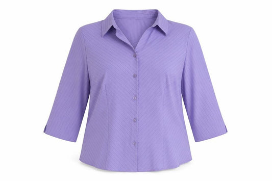 Front view of Bonmarché women’s purple striped polyester basic button-up, size UK 18, collared