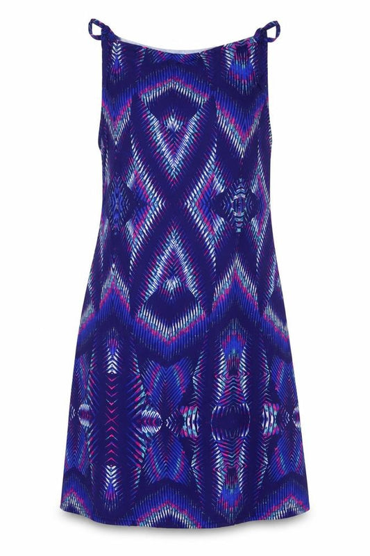 Front view of Kaleidoscope women’s blue geometric polyester a-line, size UK 14, scoop neck tie