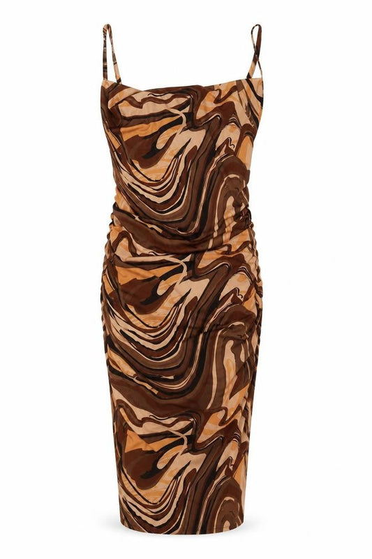 Front view of PRETTYLITTLETHING women’s brown geometric polyester pencil dress, size UK 8, square neck pullover