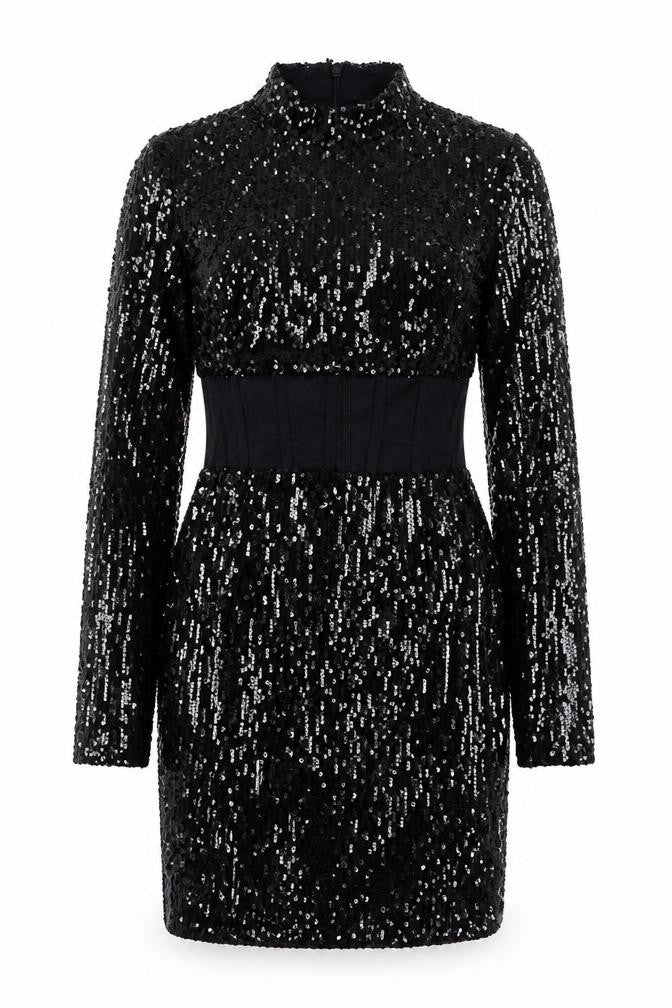 Front view of PRETTYLITTLETHING women’s black polyester pencil dress, size UK 8, mock neck zip