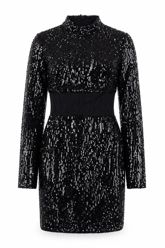 Front view of PRETTYLITTLETHING women’s black polyester pencil dress, size UK 8, mock neck zip