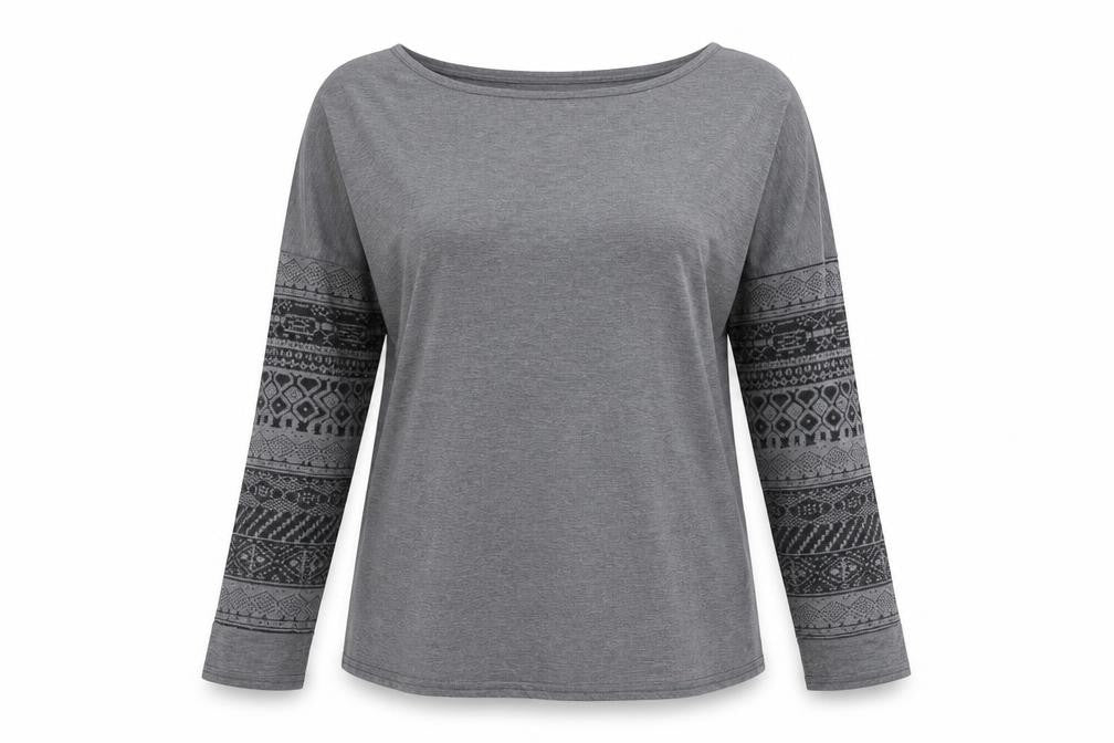 Front view of Zanzea women’s grey geometric polyester basic t-shirt, size M, scoop neck