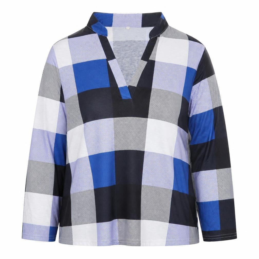 Front view of Preworn women’s multicoloured check cotton basic blouse, size 2XL, v-neck