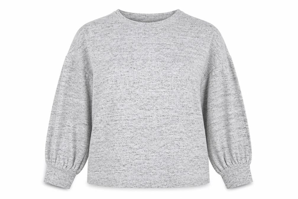 Front view of H&M women’s grey viscose pullover sweatshirt, size M, pullover - side slits