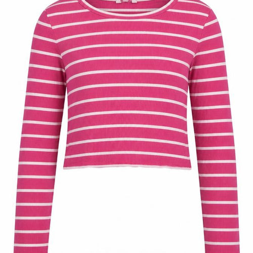 Miss E-Vie Girls Pink Striped Cotton Cropped T-Shirt Size 13-14 Years Round Neck Pullover