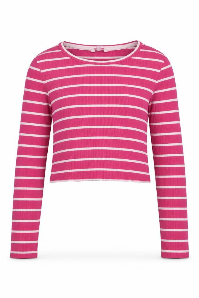 Miss E-Vie Girls Pink Striped Cotton Cropped T-Shirt Size 13-14 Years Round Neck Pullover