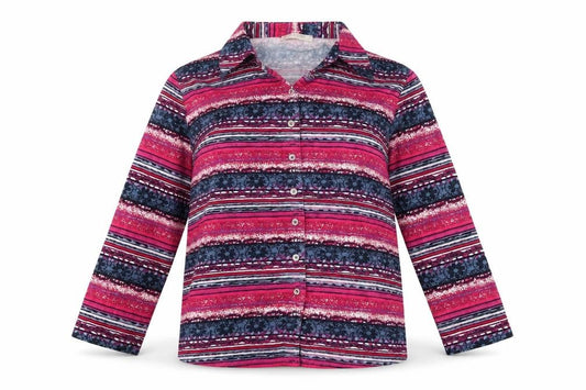 Front view of Anna Rose women’s pink geometric viscose basic button-up, size L, collared