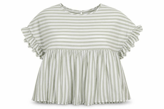 Front view of Preworn women’s green striped lyocell basic blouse, size L, boat neck
