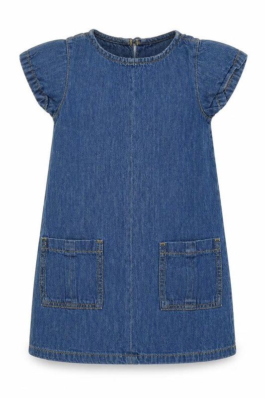 Front view of Next girls’ blue 100% cotton shirt dress, size 4, years round neck button