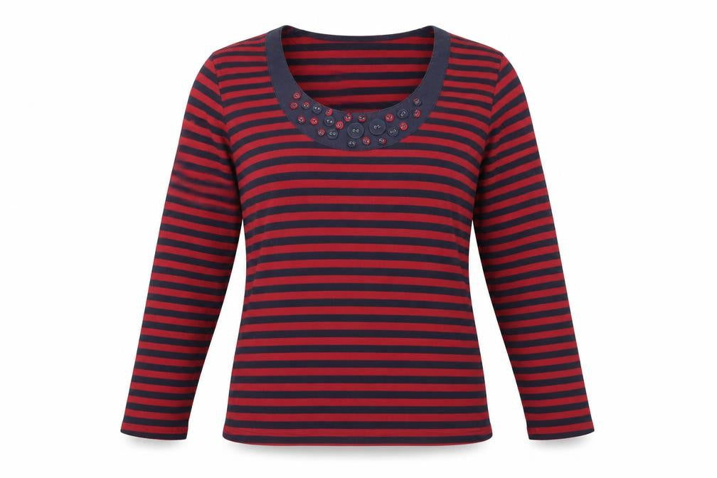 Front view of Iz women’s red striped polyester basic t-shirt, size M, scoop neck