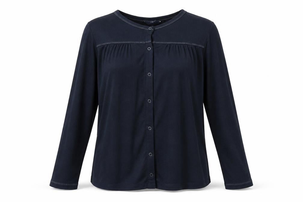 Front view of Next women’s black polyester basic button-up, size UK 2, round neck