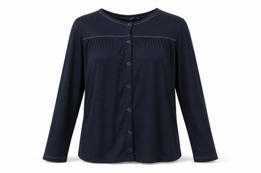Front view of Next women’s black polyester basic button-up, size UK 2, round neck