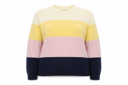 Front view of Dorothy Perkins women’s multicoloured round neck striped 100% cotton jumper, size UK 12