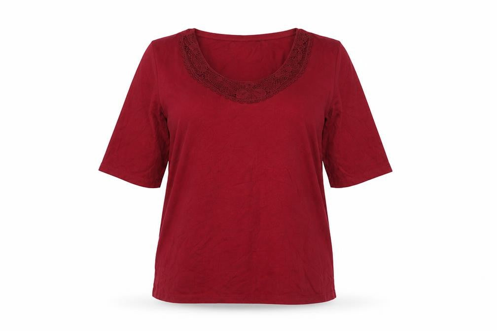 Front view of Marks & Spencer women’s red polyester basic t-shirt, size UK 12, round neck