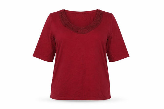 Front view of Marks & Spencer women’s red polyester basic t-shirt, size UK 12, round neck