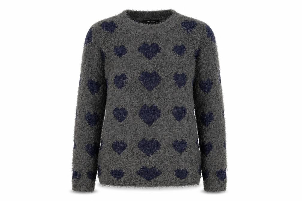 Front view of AKD-A-WEST women’s grey round neck geometric polyester jumper, size UK 12, - heart pattern