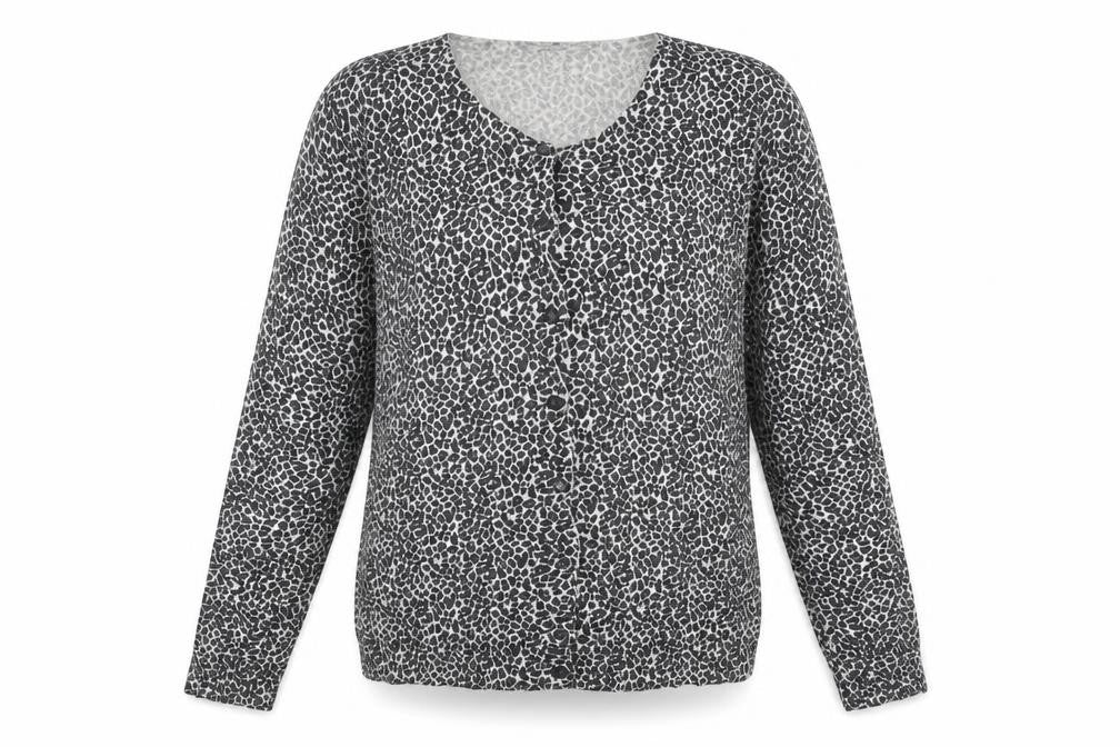 Front view of Primark women’s multicoloured round neck animal print polyester cardigan jumper, size UK 14