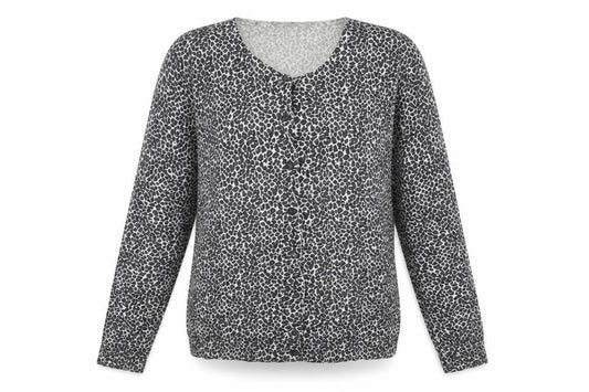 Front view of Primark women’s multicoloured round neck animal print polyester cardigan jumper, size UK 14