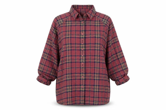 Front view of ASOS women’s purple plaid polyester basic button-up, size UK 8, collared
