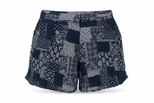 Front view of Topshop women’s blue geometric viscose boyfriend shorts, size UK 10, 3-inch leg regular hook & eye