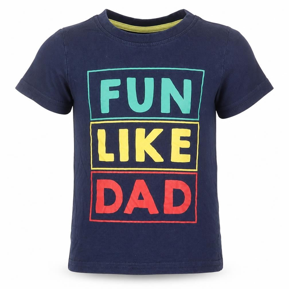 Front view of Primark boys’ blue cotton basic t-shirt, size 24, months crew neck pullover - fun like dad. 24-36 months
