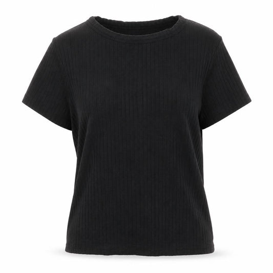 Front view of ASOS women’s black polyester basic t-shirt, size UK 12, crew neck