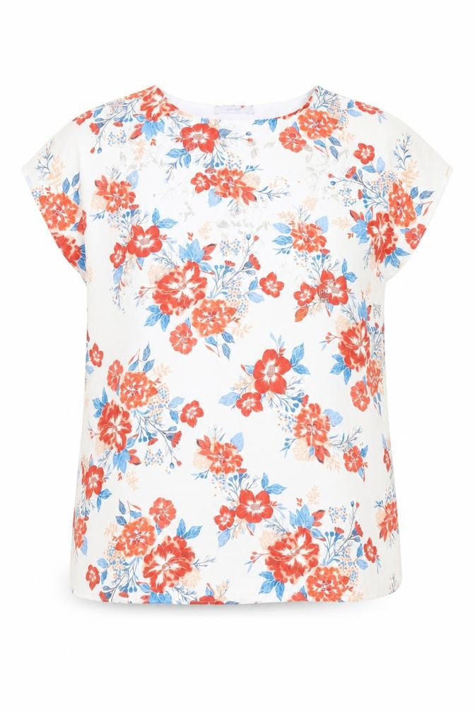 Front view of Marks & Spencer women’s white floral polyester basic blouse, size UK 14, boat neck