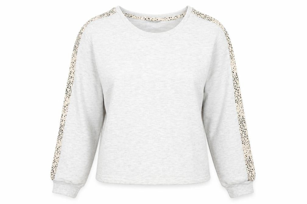 Front view of New Look women’s grey polyester pullover sweatshirt, size UK 8, pullover - leopard print detail