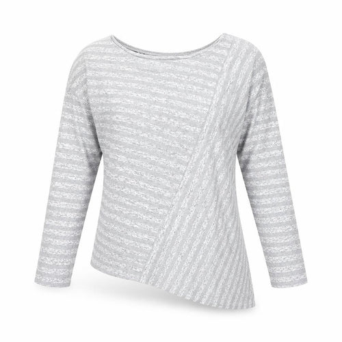 Retro-ology Womens Grey Striped Cotton Basic T-Shirt Size M Boat Neck - Asymmetric