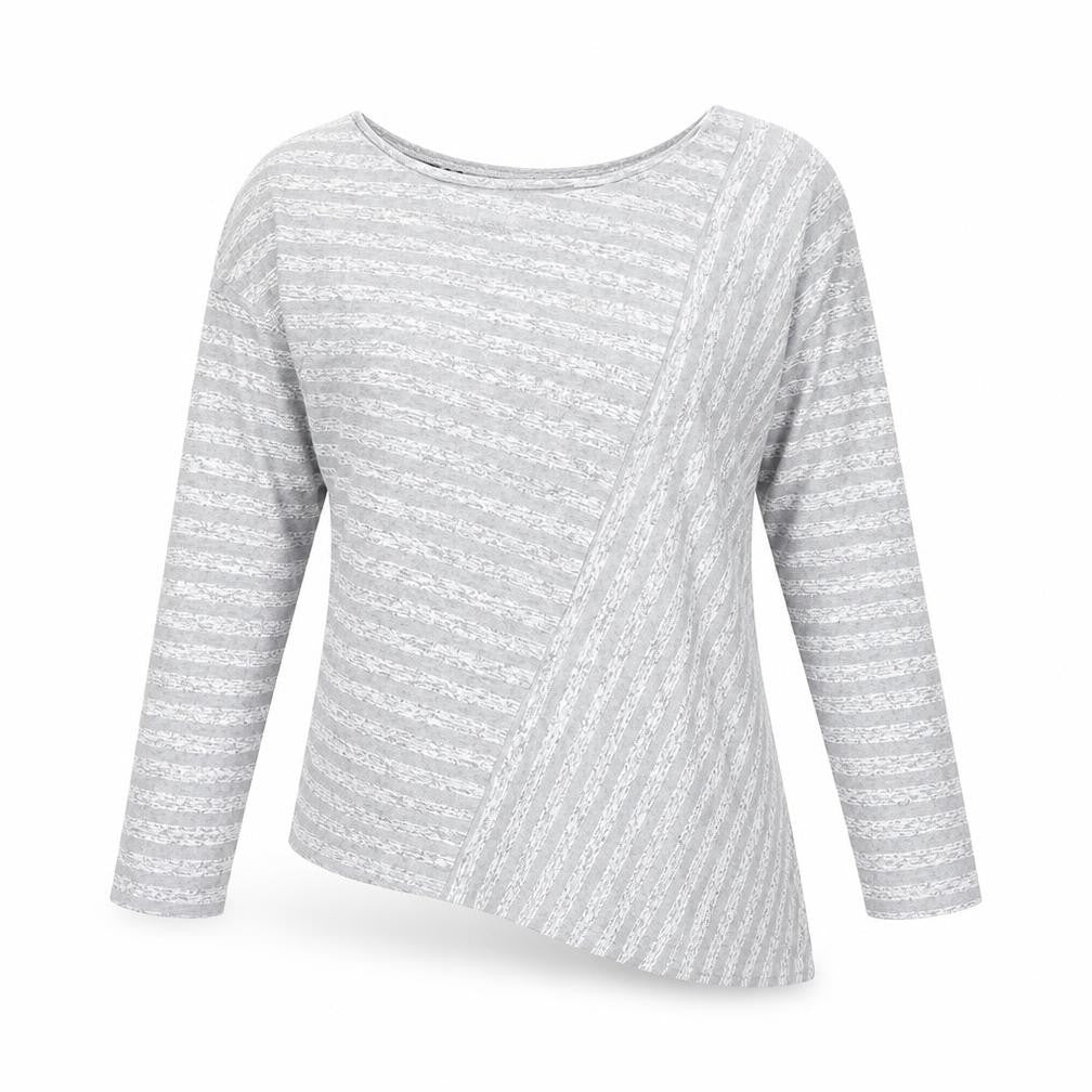 Retro-ology Womens Grey Striped Cotton Basic T-Shirt Size M Boat Neck - Asymmetric