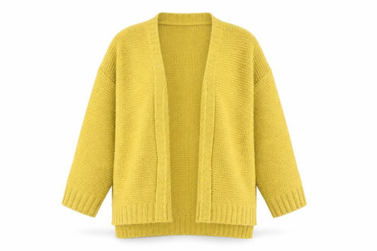 Front view of Vero Moda women’s yellow v-neck acrylic cardigan jumper, size M