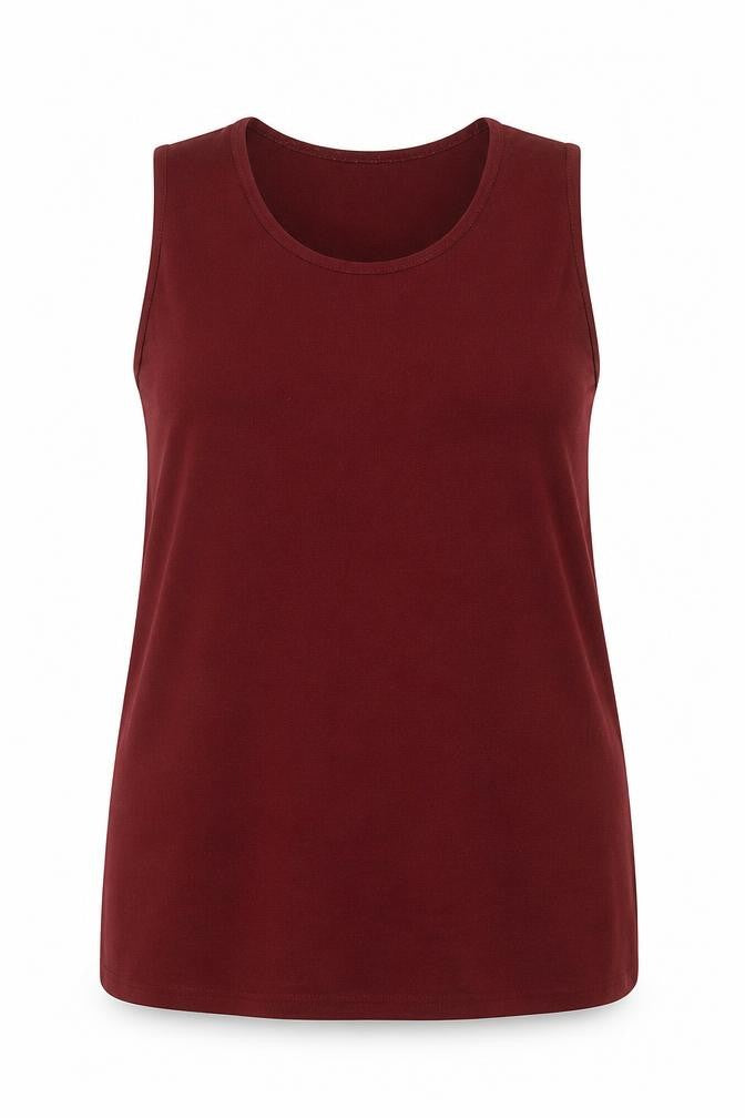 Front view of Preworn women’s red acetate basic tank, size XL, scoop neck