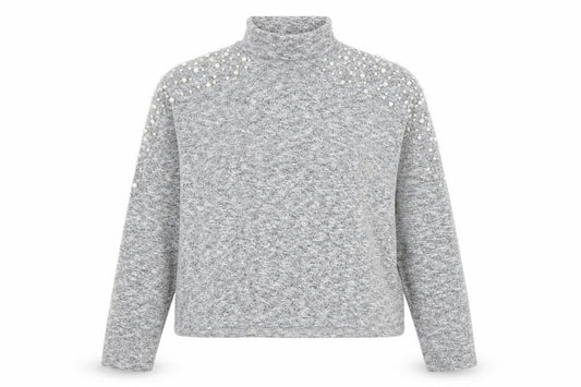 Front view of Divided women’s grey mock neck viscose jumper, size XS, - embellished shoulders