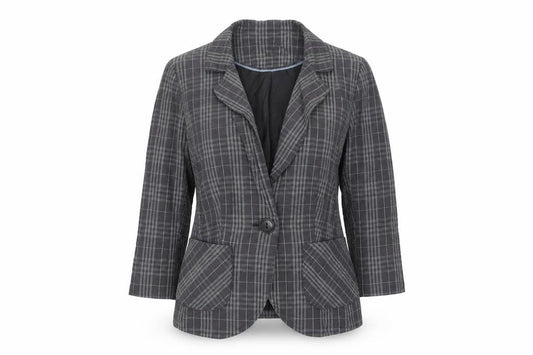 Front view of Next women’s grey check jacket blazer, size UK 8, button