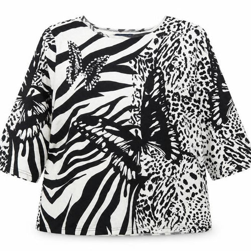 Artocapsea Womens White Animal Print Cotton Basic Blouse Size 2XL Round Neck - Leopard Print Butterfly