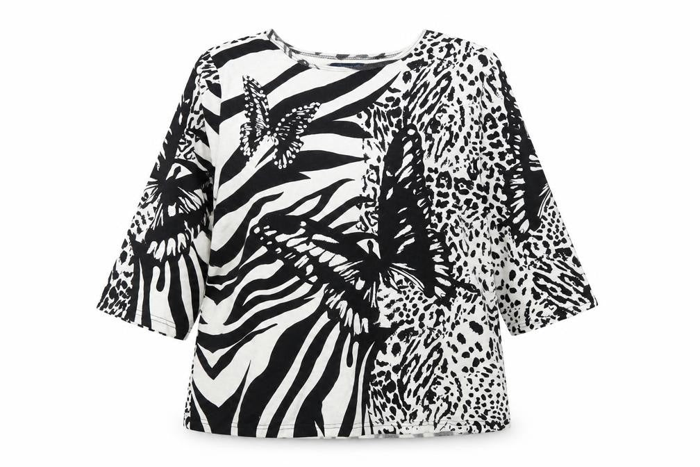 Artocapsea Womens White Animal Print Cotton Basic Blouse Size 2XL Round Neck - Leopard Print Butterfly
