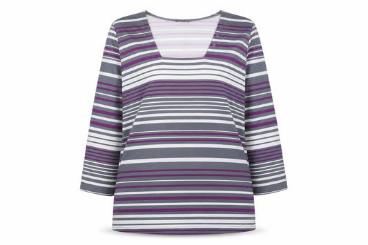 Front view of Alexara women’s multicoloured striped polyester basic t-shirt, size UK 12, square neck